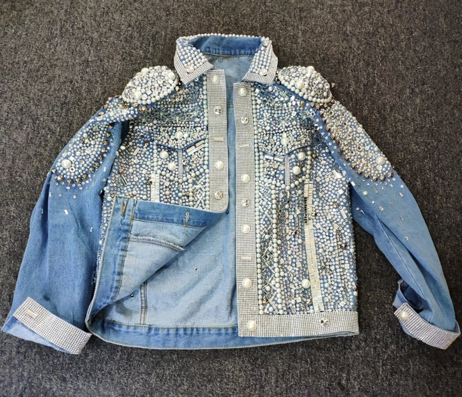 Beautiful pearls Rhinestone Jeans Jacket Etsy