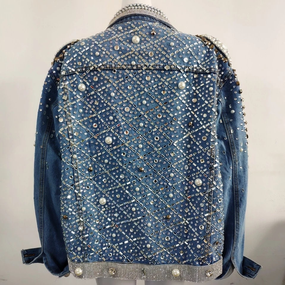 Beautiful pearls Rhinestone Jeans Jacket Etsy