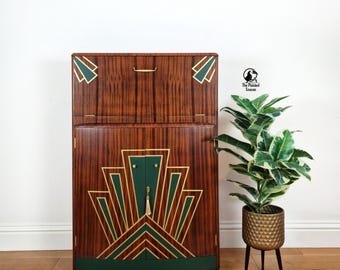 Art Deco Cocktail Cabinet | Green & Gold | Restored Vintage Drinks Cabinet