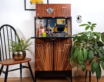 Art Deco cocktail cabinet, vintage drinks cabinet bar - Walnut, Black and Gold - Custom Order