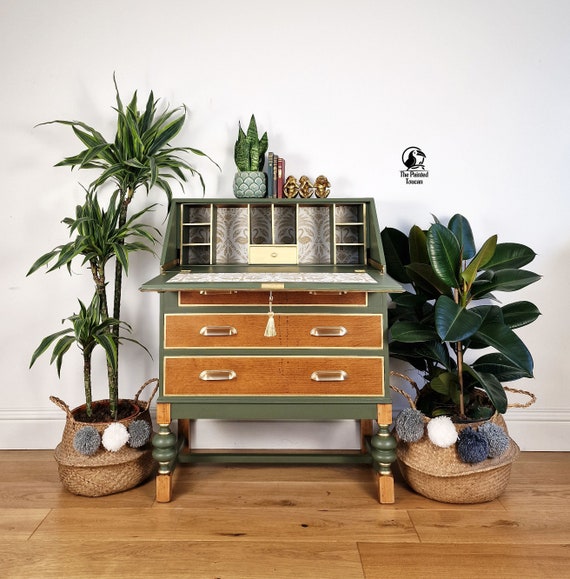Vintage 3 Drawer Oak Writing Bureau Desk Green and Gold Custom