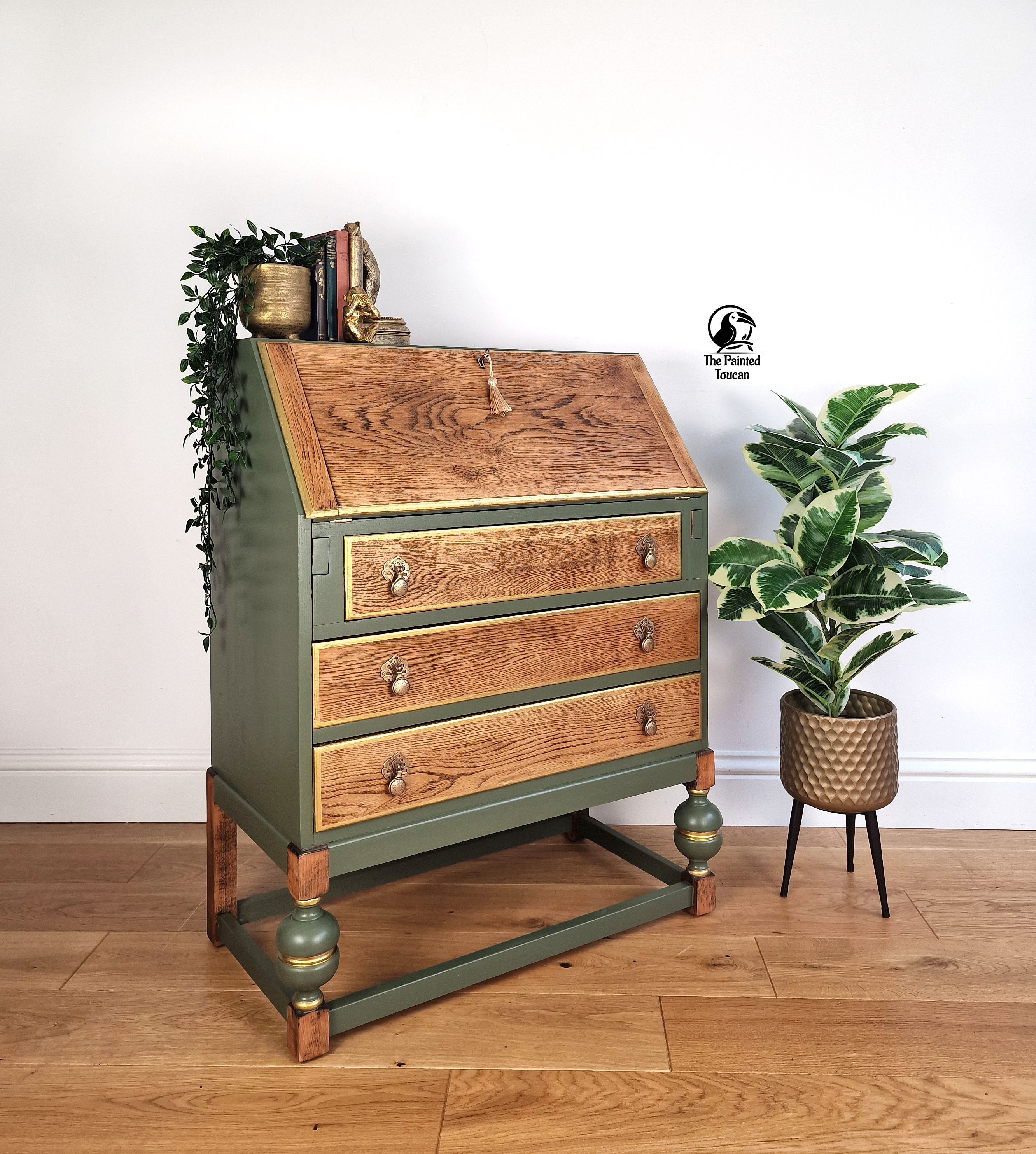 Vintage 3 drawer Oak Writing Bureau Desk Green and Gold Custom Order Etsy UK