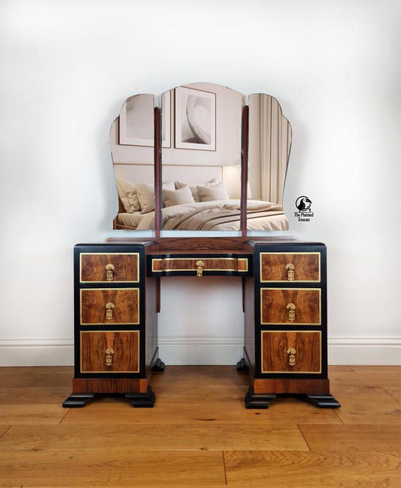 dressing table old design Vintage French Louis Style Dressing Table, Triple Mirror, Glass Top