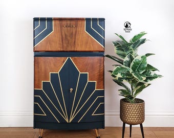 Art Deco cocktail cabinet, vintage drinks cabinet bar - Walnut, Blue and Gold - Custom Order
