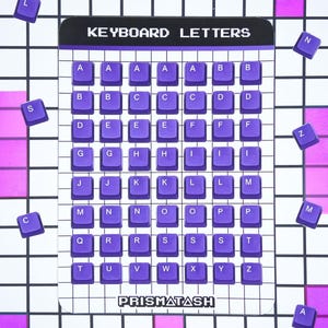 May include: A rectangular white grid card labeled KEYBOARD LETTERS at the top and PRISMATASH at the bottom, featuring rows of purple square keycaps printed with white alphabet letters, surrounded by loose purple keycaps on a grid background.