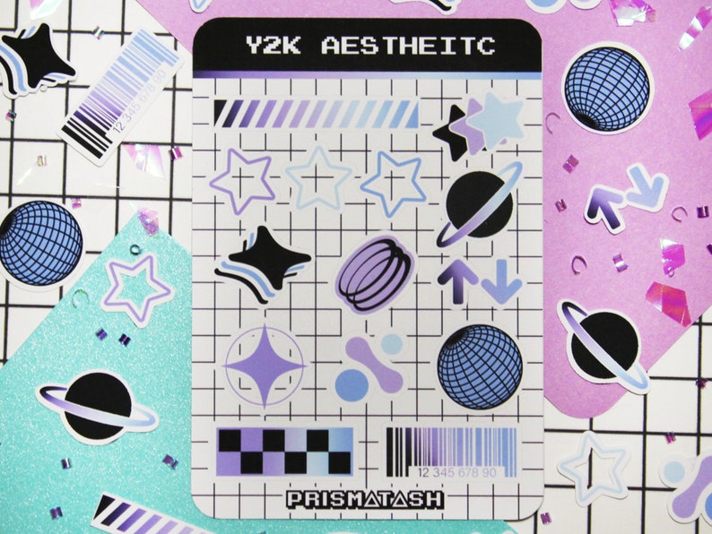 May include: A sheet of stickers with a Y2K aesthetic theme. The stickers feature a variety of designs, including stars, planets, and geometric shapes. The stickers are in shades of blue, purple, and white. The sheet is labeled "Y2K AESTHEITC" and "PRISMATASH".