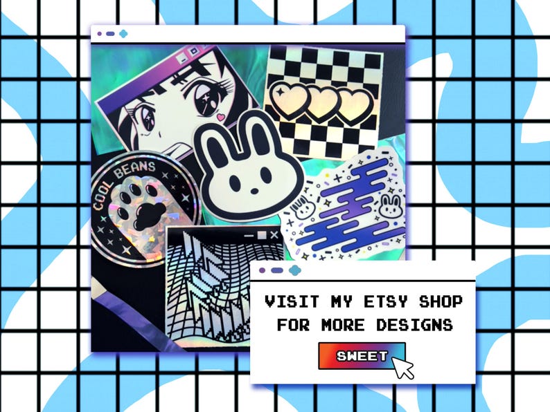 Anime, kawaii and cybercore aesthetic stickers and a invite to look at more cool stickers at my shop page.