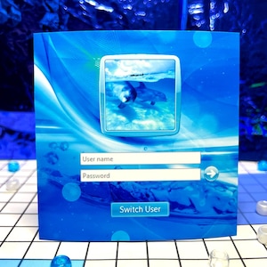 May include: A blue-themed graphic with a dolphin image in a square frame. The graphic includes fields for "User name" and "Password," with a "Switch User" button. The background features a water-like design.