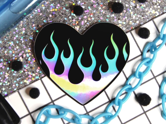 Emo Aesthetic | Holographic Flame Sticker | Black Heart | Y2K  | Waterproof