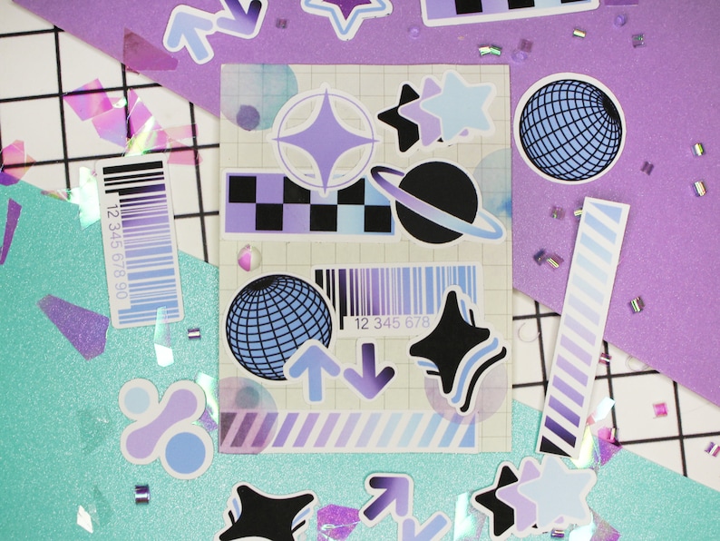 Journaling page of Y2K stickers arranged to make a 2000's aesthetic design.