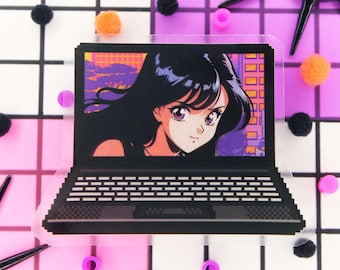 Naklejka z dziewczyną z anime w stylu retro: Vaporwave Pixel Art, wodoodporny winyl