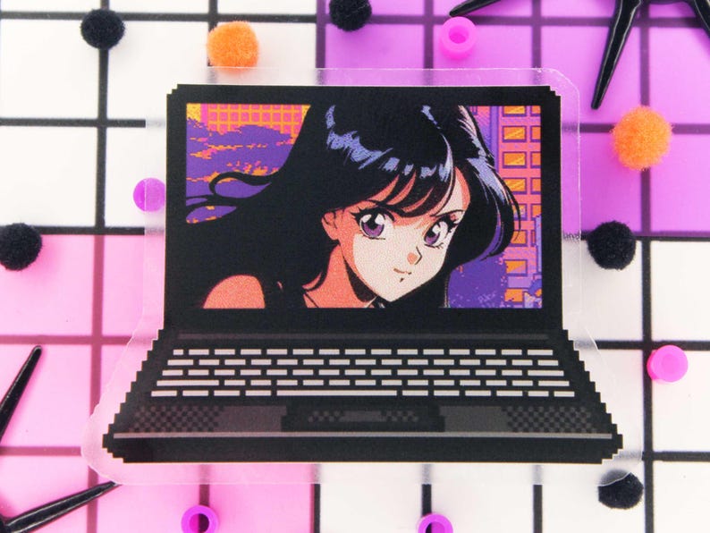 Pixel art retro anime girl sticker with a clear backing.