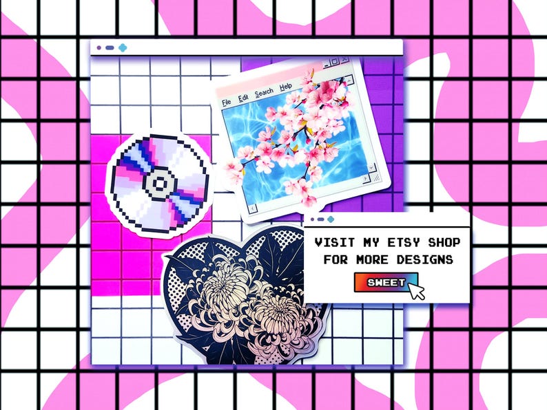 K&ouml;nnte beinhalten: Digitale Kunstkomposition mit einer pixeligen CD, einem Fenster mit Kirschbl&uuml;ten und einem herzf&ouml;rmigen Blumendesign. Vor einem rosa-wei&szlig;en Gitterhintergrund mit dem Text "VISIT MY ETSY SHOP FOR MORE DESIGNS".