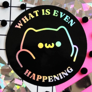 Geschenke für Katzenmenschen | Lustiger Katzenaufkleber | Schwarze Katze wasserdichter Aufkleber | Kawaii Katze | Verwirrt Sticker | Humor | Holographisch