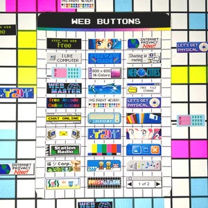 Puede incluir: Una hoja de pegatinas rectangular titulada WEB BUTTONS que presenta una cuadrícula de pequeños gráficos de pixel art de estilo retro. Los diseños incluyen varios iconos con temática de Internet de los años 90, etiquetas de texto como MS PAINT 4EVER, Y2K y NEOCITIES.