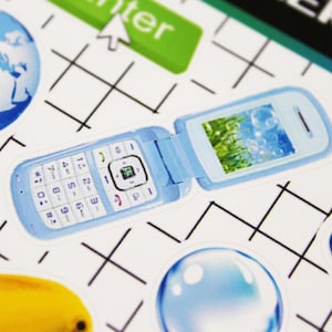 Snap shot of a flip phone sticker with Frutiger Aero background. Used to decorate planners or journal pages