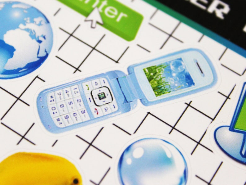 Snap shot of a flip phone sticker with Frutiger Aero background. Used to decorate planners or journal pages