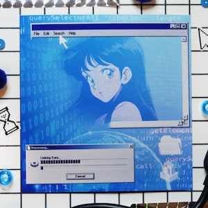 May include: A blue and white digital art print featuring a pixelated anime girl with long black hair. The image is framed in a blue window with the text "querySelectorAll":checked" Length" and "File Edit Search Help". A progress bar with the text "Processing... Linking Data" is displayed below the image.