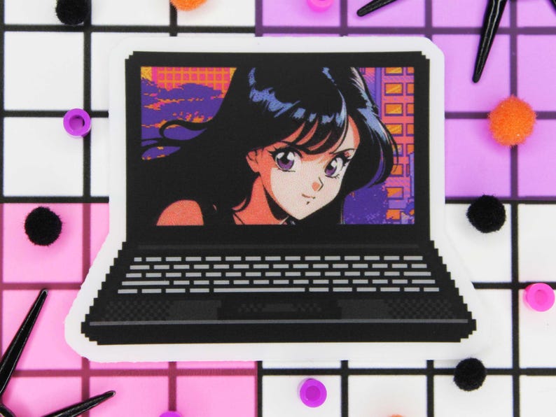 Vaporwave aesthetic pixel art anime girl sticker.