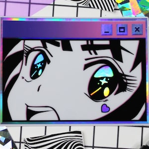 Holographic Vaporwave Anime Girl Sticker | Kindle Vinyl Sticker | Vaporwave Girl | Retro Holographic Anime Girl Sticker | Laptop Sticker