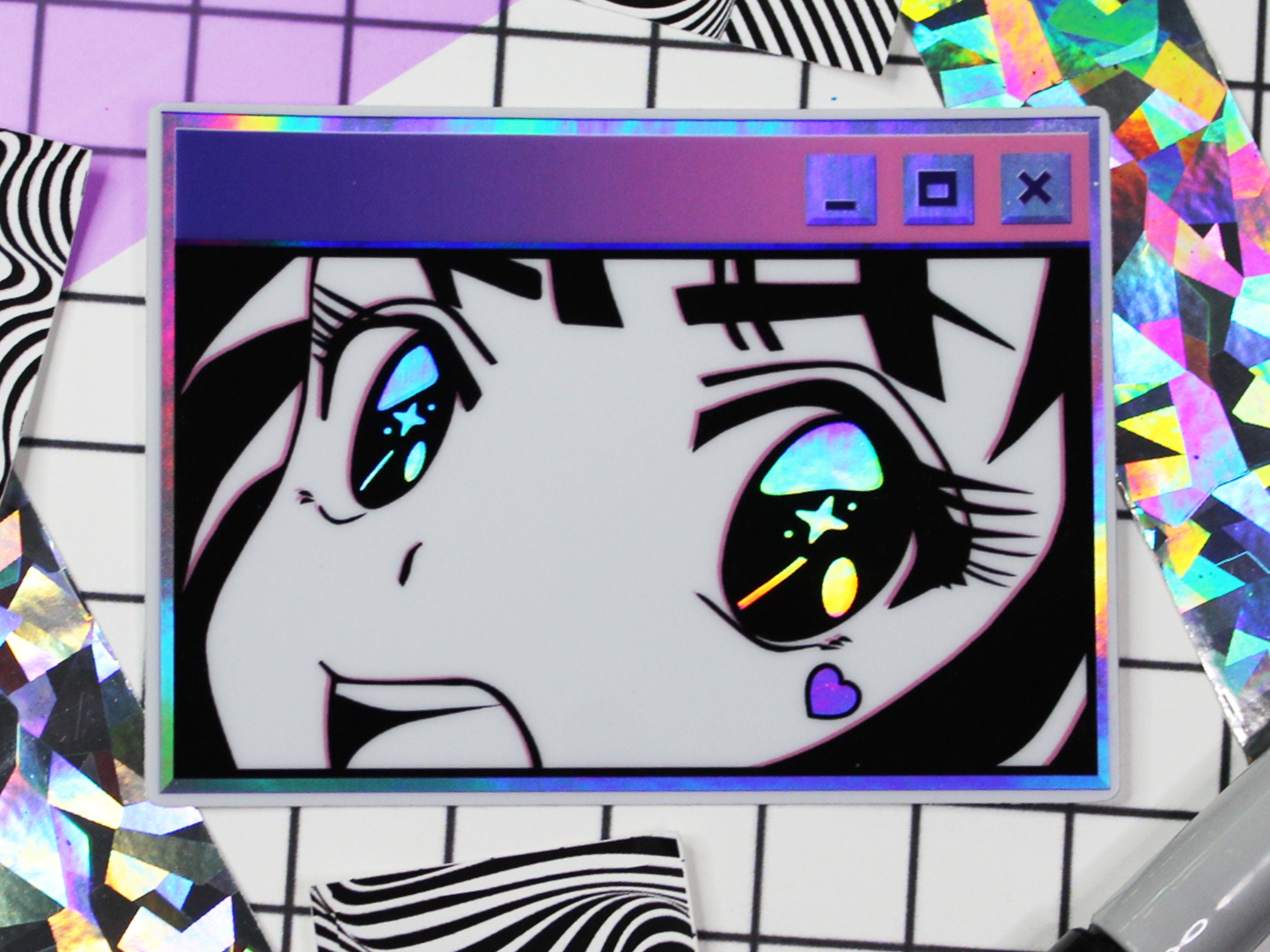 Holographic Vaporwave Anime Girl Sticker | Kindle Vinyl Sticker | Vaporwave Girl | Retro Holographic Anime Girl Sticker | Laptop Sticker