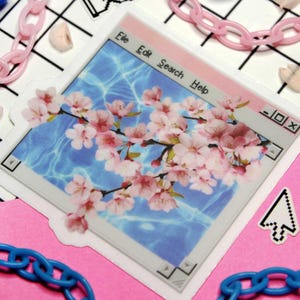 Vaporwave aesthetic sticker with a web window that as a clear boarder and a pink cherry blossom flower branch coming out of the windows frame. behind the sakura is a pool water pattern.