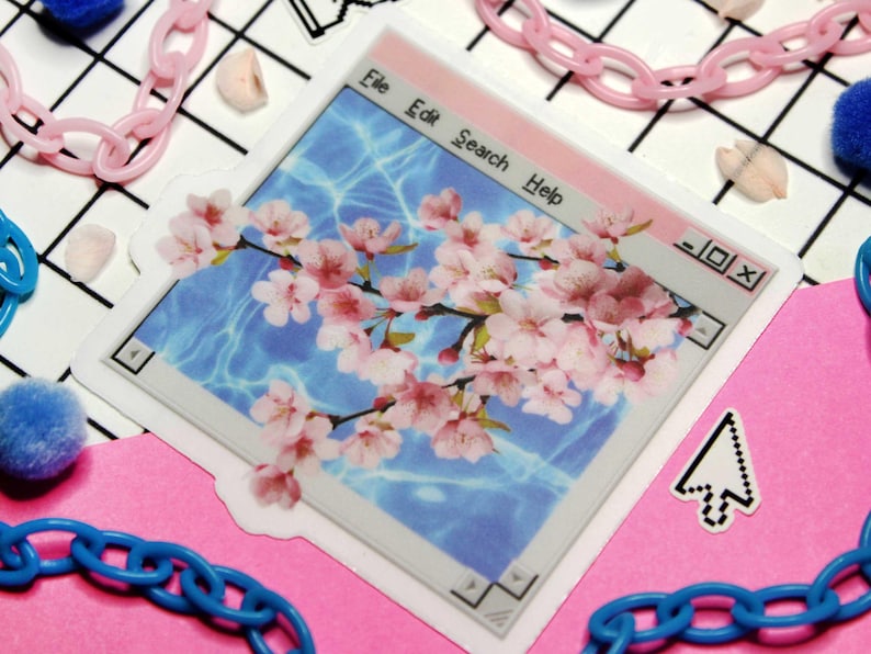 Vaporwave aesthetic sticker with a web window that as a clear boarder and a pink cherry blossom flower branch coming out of the windows frame. behind the sakura is a pool water pattern.