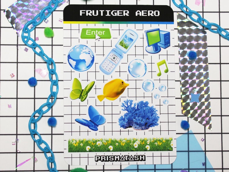 A Frutiger Aero sticker sheet that has 11 shapes of technology like a old computer, flip phone, and other nature elements. Decorate planners or journal pages.