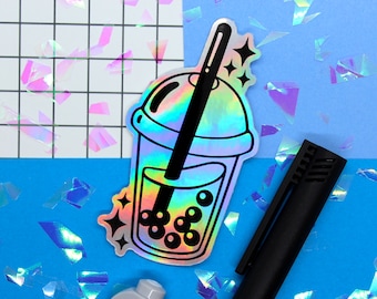 Boba Tea | Bubble Tea Drink | Holographic Sticker | Kindle Vinyl Sticker | Cute Aesthetic | Kawaii | Small Gift Ideas | Waterproof Stickers