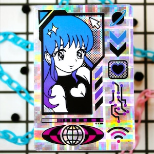 Y2K | Cyber Anime Mädchen Aufkleber | Anime Mädchen Geschenk Steamwave Aufkleber | Holografischer Kawaii-Aufkleber