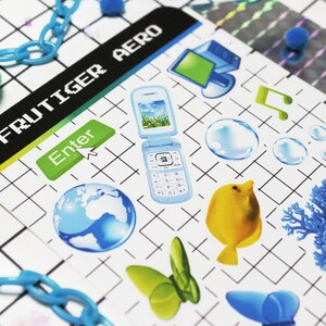 Decorate planners or journal pages. Frutiger aero sticker sheet with blue, green, and yellow design elements of retro computers, flip phones, glass butterfly, and grass.