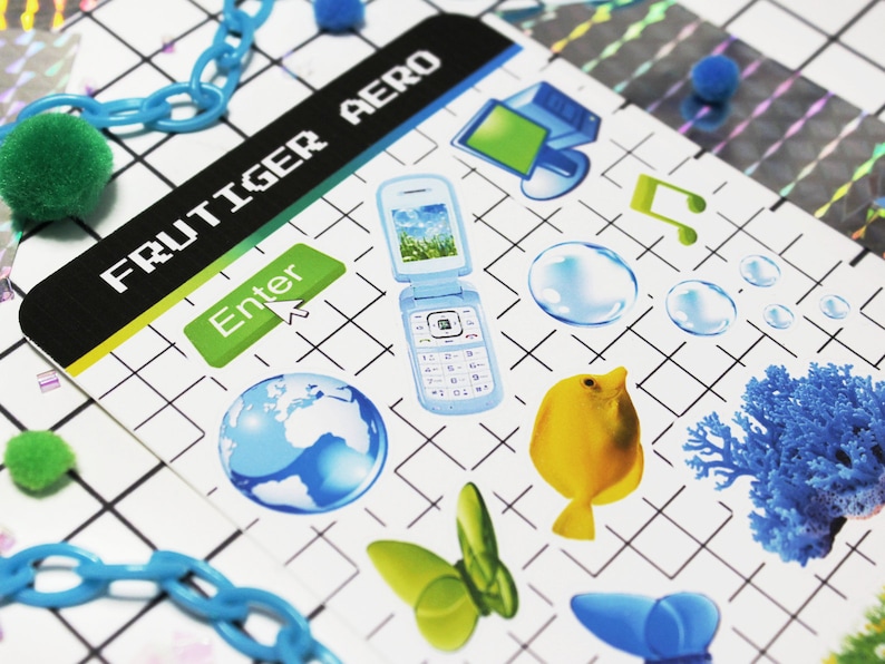 Decorate planners or journal pages. Frutiger aero sticker sheet with blue, green, and yellow design elements of retro computers, flip phones, glass butterfly, and grass.
