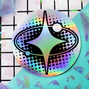 Y2K, vaporwave, cybercore, star holographic circle sticker.