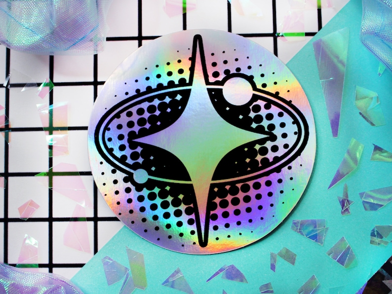 Y2K, vaporwave, cybercore, star holographic circle sticker.