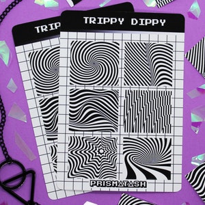 Sticker optische illusie | Trippy-kunst | Zwart-witontwerpen | Dagboekstickers | Cool stickervel | Hypnotiserend | Geestverruimend