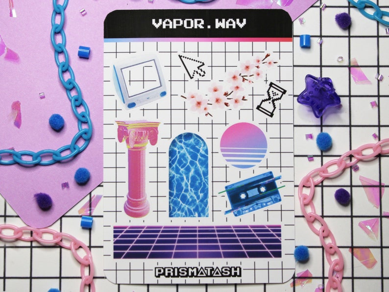 Vaporwave Aesthetic Sticker Sheet with a cheery blossom branch, vaporwave sun, greek pillar, retro tape, grid, and old computer arrow and timer.