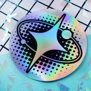 bold star, holographic circle sticker with y2k, 2000's aesthetic