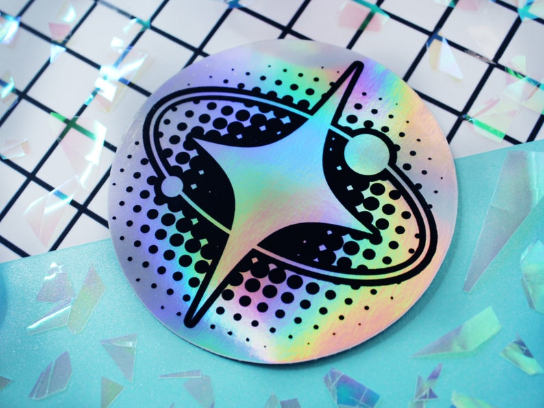 bold star, holographic circle sticker with y2k, 2000's aesthetic
