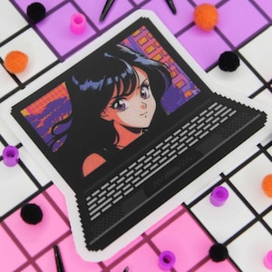 Computer anime girl pixel art sticker with backing on