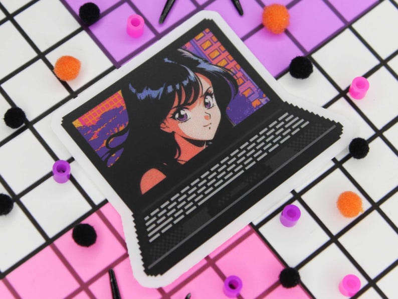 Computer anime girl pixel art sticker with backing on