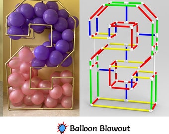 Número dos 2 Plantilla de mosaico geométrico de PVC Globos de 5 pies + convertidor de altura personalizado, Impresión en PDF, Medidas, Cumpleaños de niños pequeños, Aniversario