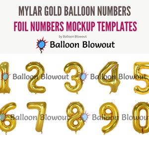 May include: Gold mylar balloon numbers 0-9. The image includes the text "MYLAR GOLD BALLOON NUMBERS" and "FOIL NUMBERS MOCKUP TEMPLATES" by Balloon Blowout. Each number is a different shape and size, with a shiny metallic finish.