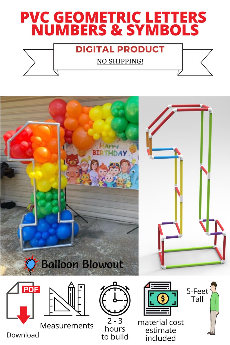 Puede incluir: Una descarga digital de instrucciones para construir un n&uacute;mero uno geom&eacute;trico de 1,5 metros de altura con tuber&iacute;a de PVC. Las instrucciones incluyen una estimaci&oacute;n del costo del material y las medidas. La imagen muestra un n&uacute;mero uno terminado decorado con globos y una pancarta de cumplea&ntilde;os.