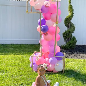 Puede incluir: Una ni&ntilde;a peque&ntilde;a con un tut&uacute; rosa y un collar de perlas se sienta frente a un gran n&uacute;mero uno hecho de globos. Los globos son rosas, morados y blancos con decoraciones de mariposas doradas. El n&uacute;mero uno est&aacute; hecho de tuber&iacute;as dor&eacute;es.