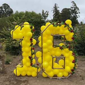Puede incluir: Un gran n&uacute;mero 18 hecho de globos amarillos con enredaderas verdes y flores rojas decorando el marco.