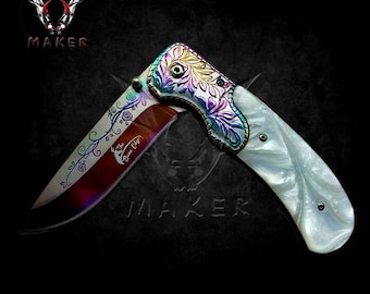 Vintage Floral rainbow Knife 8.5" Pearl White Folding Knife for Hunting, Camping Gift for Father, Husband, Boyfriend Christmas - VuMaker-485