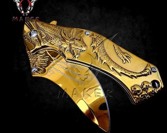 Gold Dragon Knife 8.5"  Best Folding Vintage Knife for Hunting,Camping Gift for Father, Husband, Boyfriend Christmas - VuMaker-786