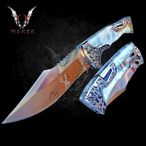 White Pearl Engraved Vintage Florals Knife 9&quot; Folding knife for Hunting, Camping, Gift for Father, boyfriend, husband, christmas VuMaker-126