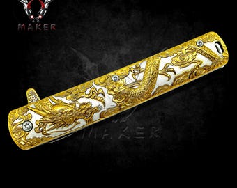 Gold Dragon sculpt fantasy Knife 9" Hunting Folding Steel Blade Knife Fathers day gift boyfriend - VuMaker-1222