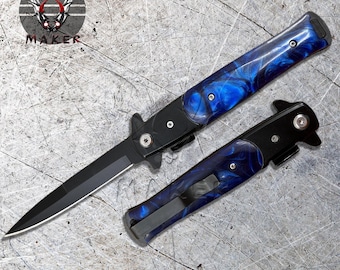 Black Blue Pearl Handle Stiletto Knife 9" Spring Assisted Folding Knife for Hunting, Gift for Men, Father, Boyfriend, Christmas  VuMaker-871